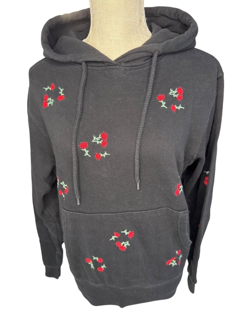 Reflex Black Hoodie With Red Rose Embroidery & Front Pocket Size S